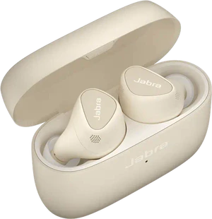 Jabra Elite 5 guld beige sag front venstre side top Åbnet