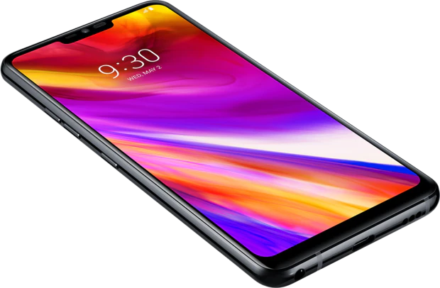 LG G7 ThinQ zwart voorkant linkerzijkant onderkant schuin