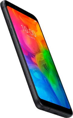 LG Q7 zwart voorkant linkerzijkant onderkant schuin