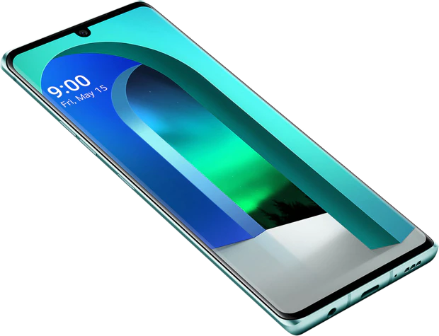 LG Velvet groen voorkant linkerzijkant onderkant