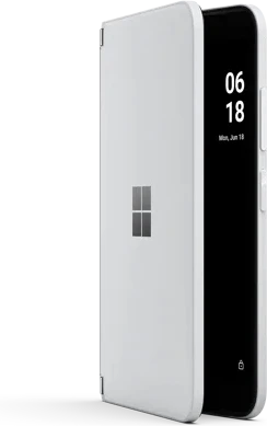 Microsoft Surface Duo 2 valkoinen etupuolella oikea puoli avattu