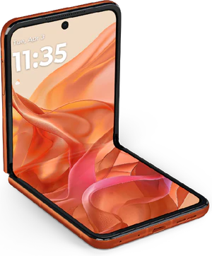 Motorola razr 50 oransje foran venstre side bunn skrås skråstilt half Åpnet