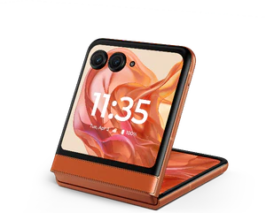 Motorola razr 50 oransje foran topp venstre side skrås skråstilt half Åpnet