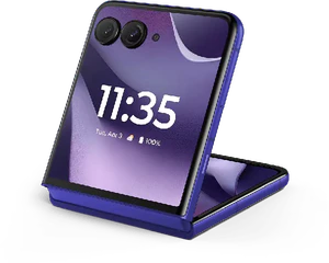 Motorola razr 70 ultra paars achterkant linkerzijkant half gesloten