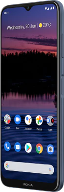 Nokia G20 sininen etupuolella oikea puoli