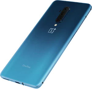 OnePlus 7T Pro blauw achterkant linkerzijkant onderkant schuin