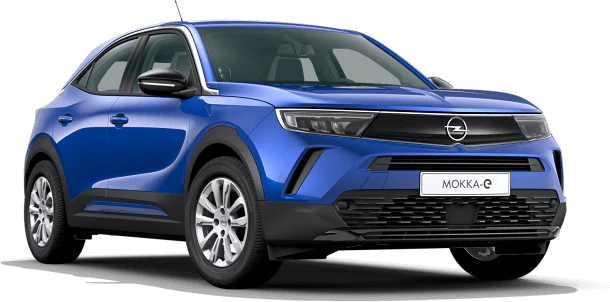 Opel mokka e blauw voorkant linkerzijkant