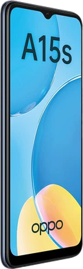 Oppo A15s negro tapa delantera lado izquierdo