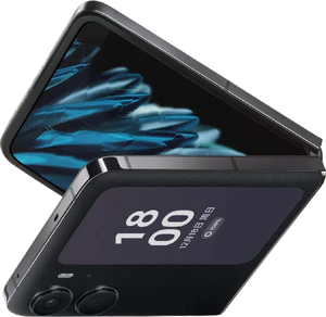 Oppo Find N2 Flip musta etupuolella top oikea puoli vino avattu