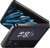 Oppo Find N2 Flip musta etupuolella top oikea puoli vino avattu