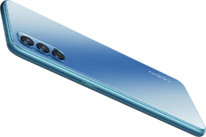 Oppo reno 4 5g blå bagside top højre side skæv
