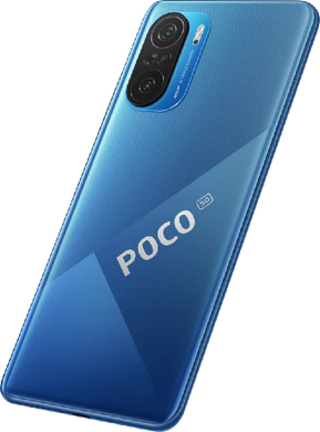 POCO F3 5g blauw achterkant linkerzijkant schuin