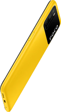 POCO M3 geel achterkant rechterzijkant onderkant