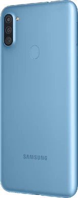 Samsung Galaxy A11 blauw achterkant linkerzijkant