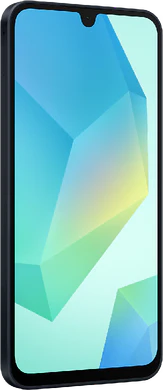 Samsung Galaxy A16 5G blauw zwart voorkant linkerzijkant