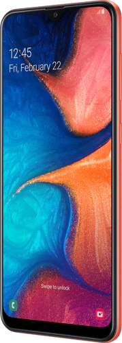 Samsung Galaxy A20e oranje voorkant rechterzijkant