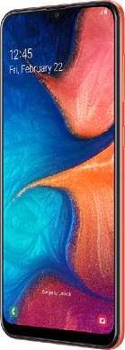 Samsung Galaxy A20e oranje voorkant rechterzijkant