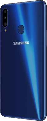 Samsung Galaxy A20s blauw achterkant linkerzijkant