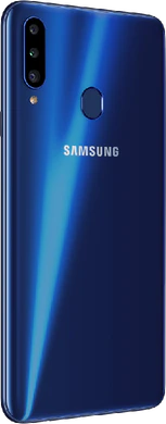 Samsung Galaxy A20s blauw achterkant rechterzijkant