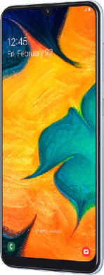 Samsung Galaxy A30 wit voorkant rechterzijkant