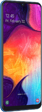 Samsung Galaxy A50 blauw voorkant linkerzijkant