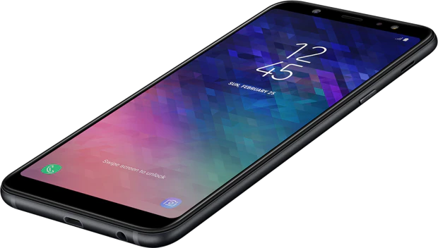 Samsung Galaxy a6 plus zwart voorkant rechterzijkant onderkant schuin