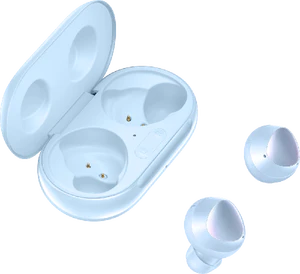 Samsung Galaxy buds plus blue case opened tilted ed