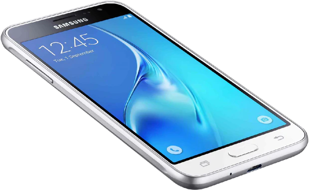 Samsung Galaxy j1 2016 wit voorkant linkerzijkant schuin