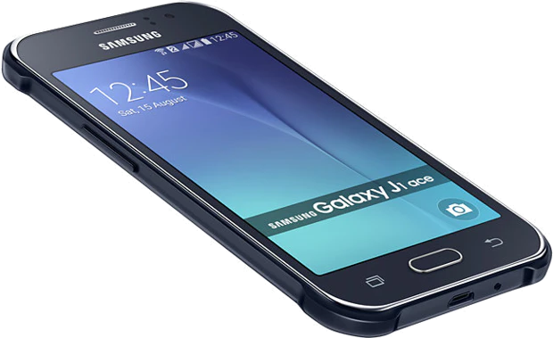 Samsung Galaxy J1 Ace Duos zwart voorkant linkerzijkant onderkant schuin