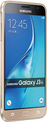 Samsung Galaxy j3 2016 goud voorkant linkerzijkant