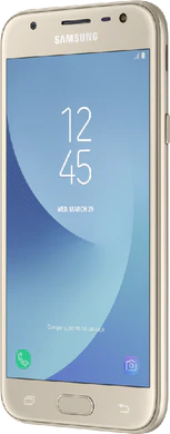 Samsung Galaxy j3 2017 goud voorkant rechterzijkant