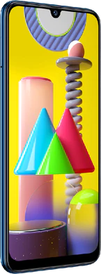 Samsung Galaxy M31 blå front vänster sida