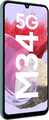 Samsung Galaxy M34 5G blauw voorkant linkerzijkant