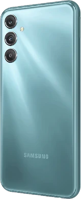 Samsung Galaxy M34 5G blauw achterkant linkerzijkant