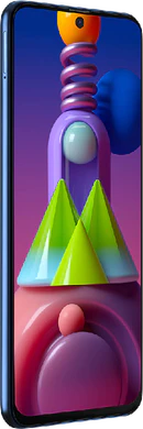 Samsung Galaxy M51 blå front vänster sida