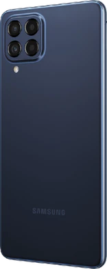 Samsung Galaxy M53 5G blauw achterkant linkerzijkant