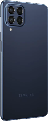Samsung Galaxy M53 5G blauw achterkant rechterzijkant