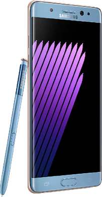 Samsung Galaxy Note 7 blå front venstre side med kuglepen
