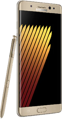 Samsung Galaxy Note 7 guld front venstre side med kuglepen