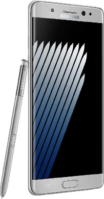 Samsung Galaxy Note 7 sølv front venstre side med kuglepen