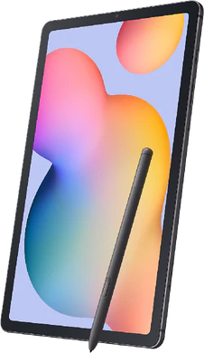 Samsung Galaxy Tab s6 lite 2024 wifi harmaa etupuolella oikea puoli vino stylus