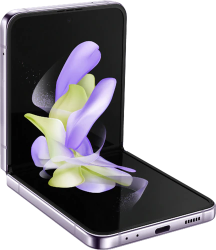Samsung Galaxy Z Flip 4 paars voorkant linkerzijkant half geopend