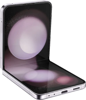 Samsung Galaxy Z Flip 5 viola copertina frontale lato sinistro in basso half aperto