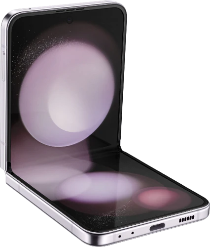 Samsung Galaxy Z Flip 5 paars voorkant linkerzijkant onderkant half geopend