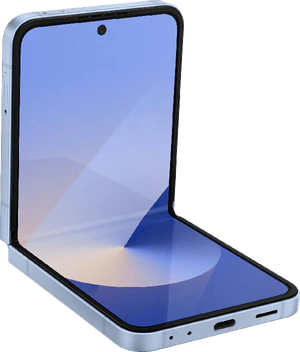 Samsung Galaxy Z Flip 6 blue front left side bottom tilted ed half opened