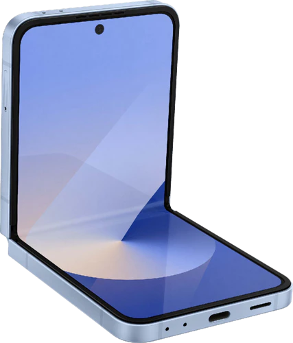 Samsung Galaxy Z Flip 6 blauw voorkant linkerzijkant onderkant schuin half geopend Samsung Galaxy Z Flip 6 blauw voorkant linkerzijkant onderkant schuin half geopend