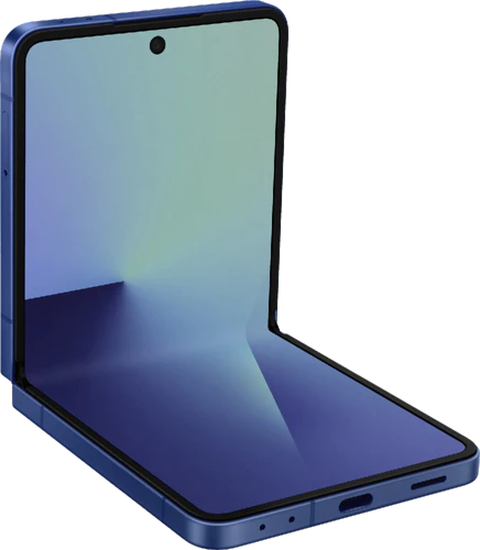 Samsung Galaxy Z Flip 7 blue in side half opened left side bottom