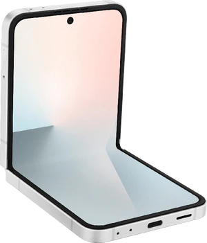 Samsung Galaxy Z Flip 7 FE wit binnenkant linkerzijkant onderkant half geopend