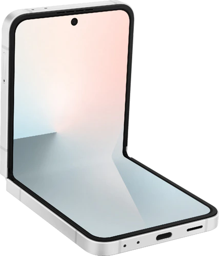 Samsung Galaxy Z Flip 7 FE wit binnenkant linkerzijkant onderkant half geopend