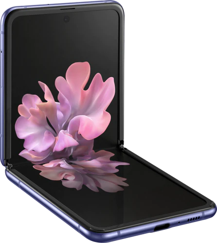 Samsung Galaxy Z Flip purple front left side bottom opened Samsung Galaxy Z Flip purple front left side bottom opened